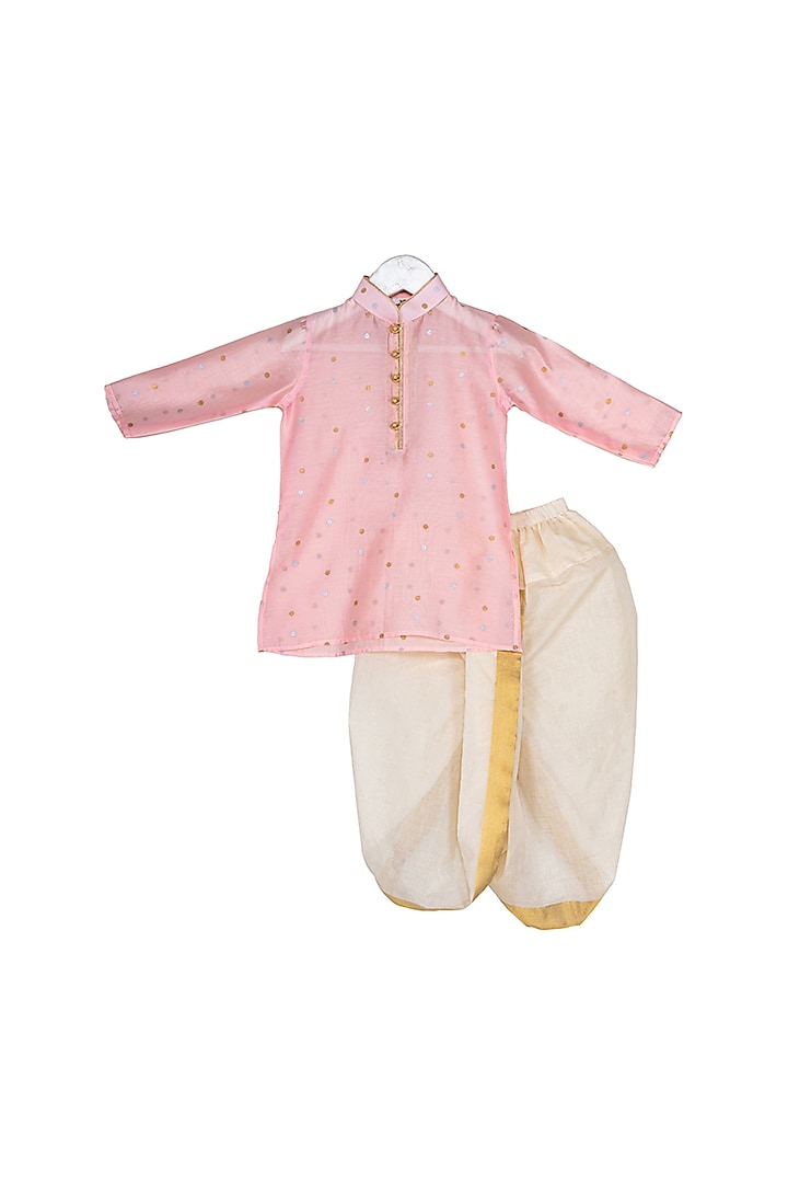 Pink & Cream Polka Printed Kurta Set For Boys by Little Stars