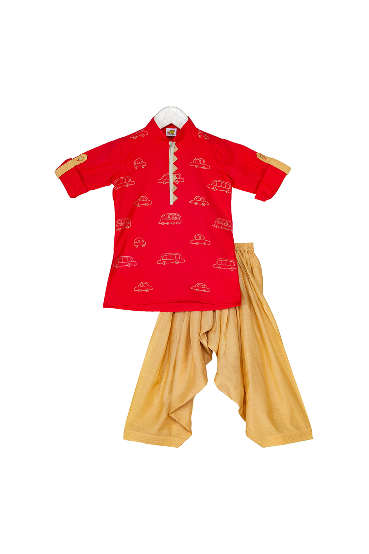 Red & Mustard Embellished Kurta Set For Boys by Little Stars at Pernia's Pop Up Shop