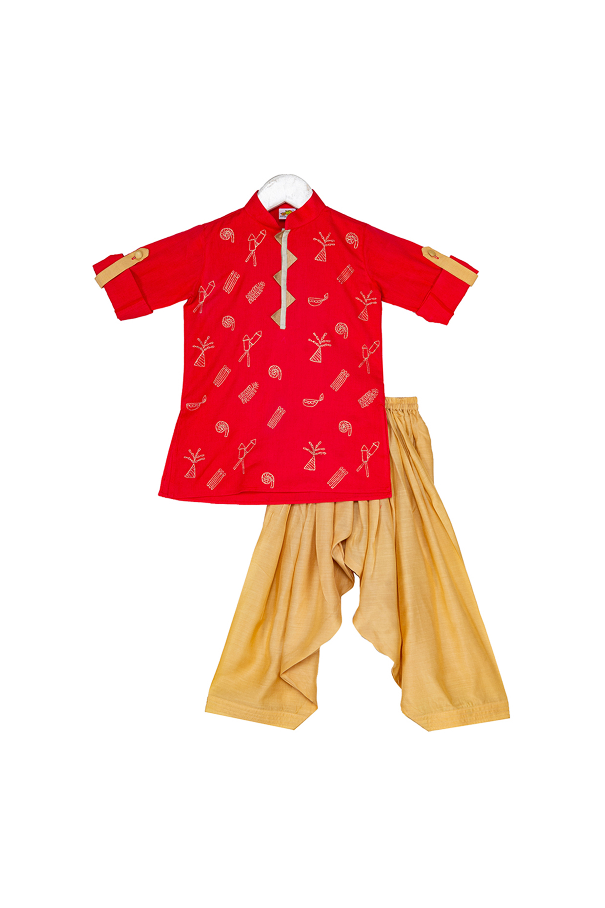 Red & Beige Embroidered Kurta Set For Boys by Little Stars at Pernia's Pop Up Shop