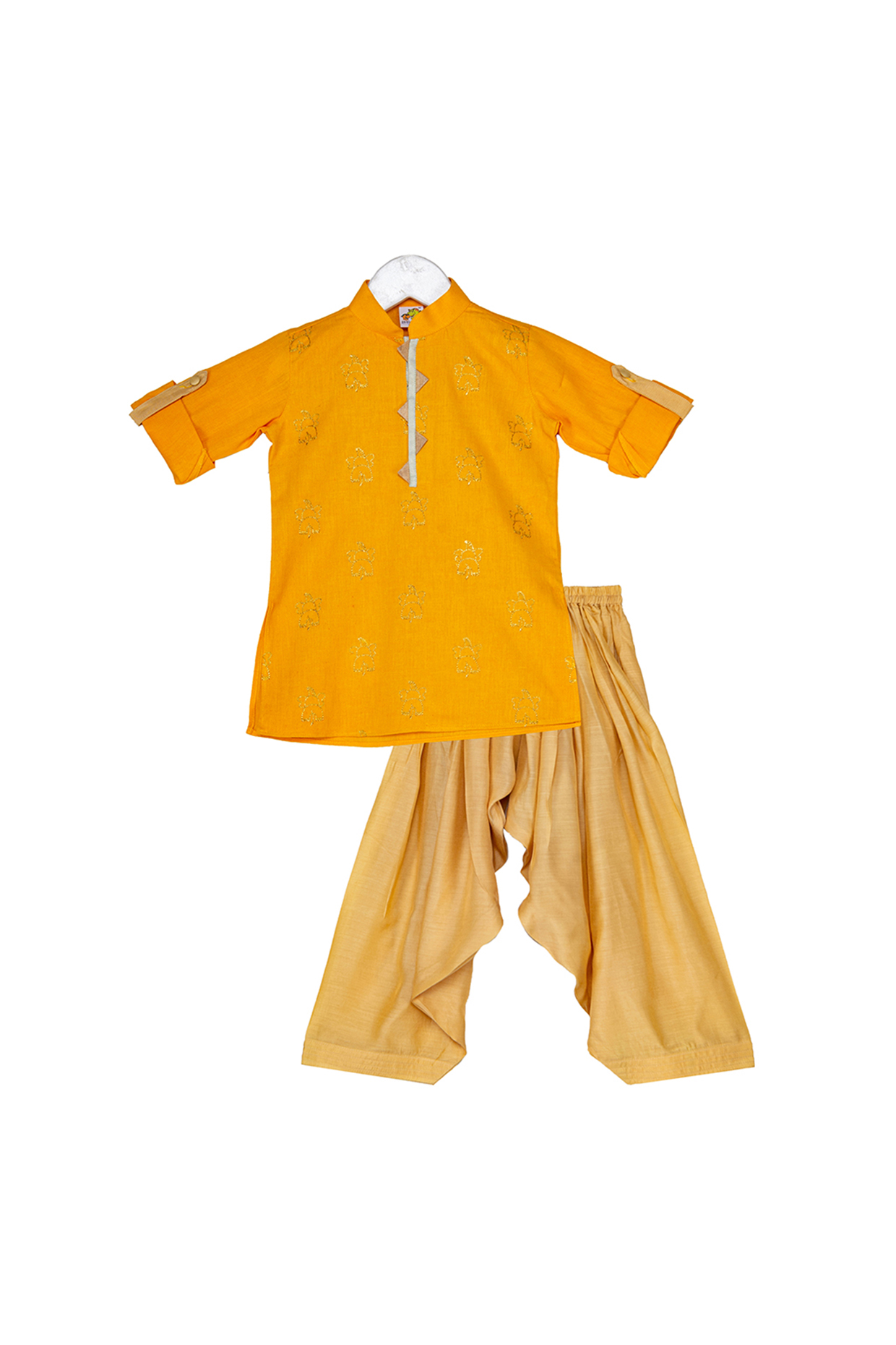 Mustard & Beige Embroidered Kurta Set For Boys by Little Stars