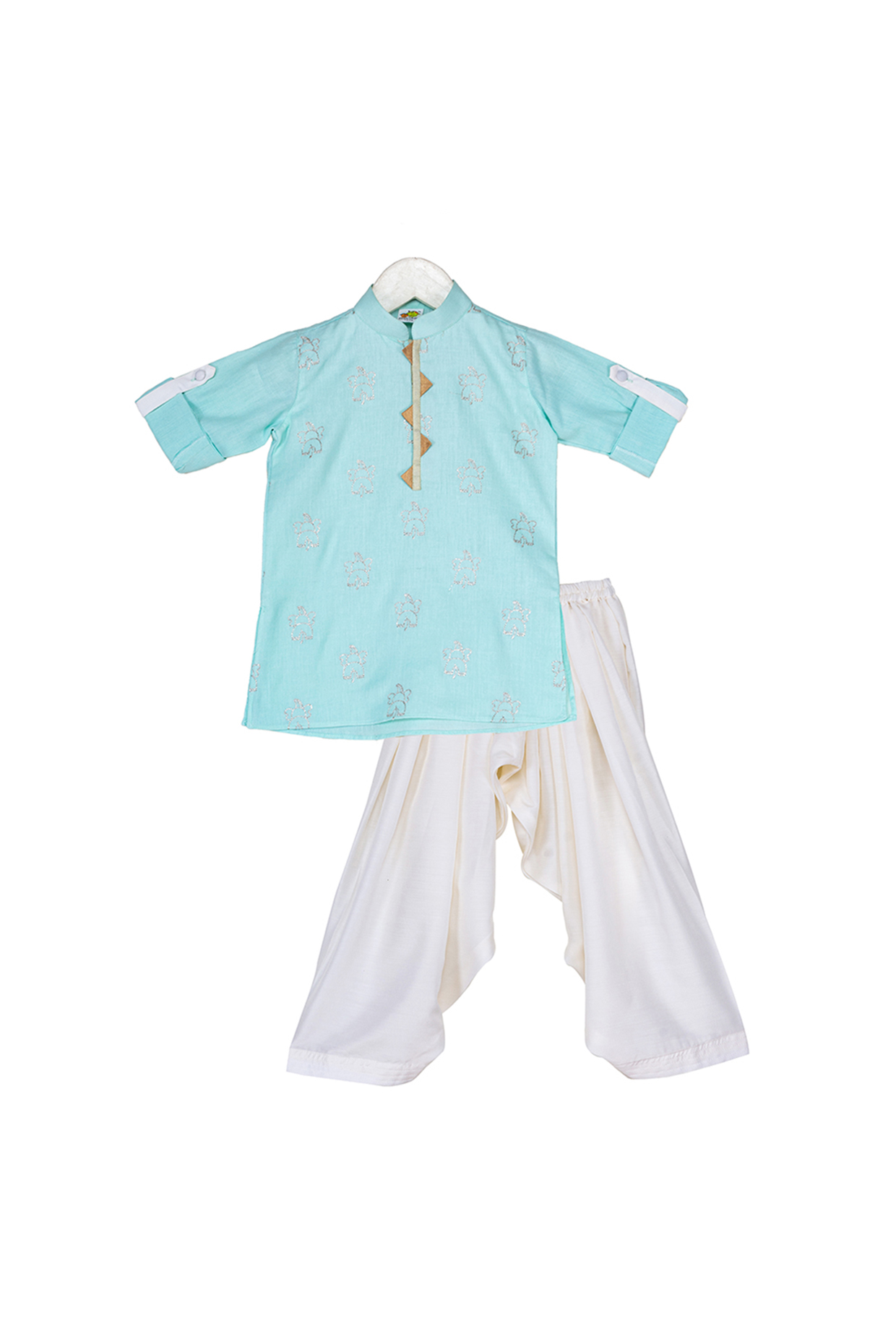 Mint & Off-White Embroidered Kurta Set For Boys by Little Stars at Pernia's Pop Up Shop
