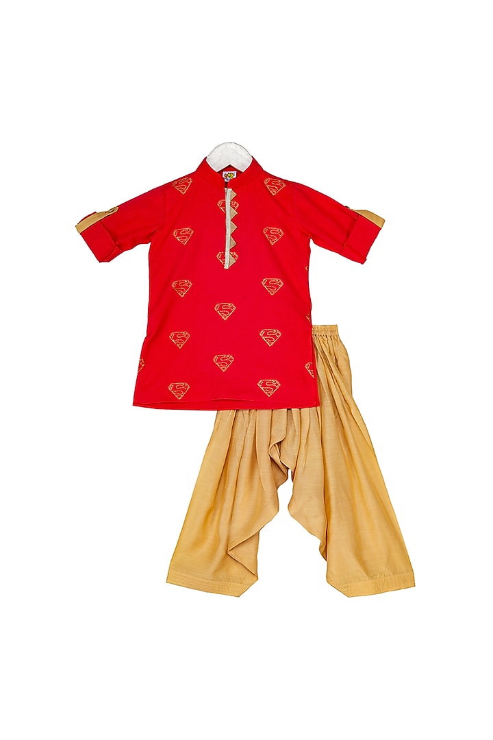 Red & Beige Sequins Embroidered Kurta Set For Boys by Little Stars