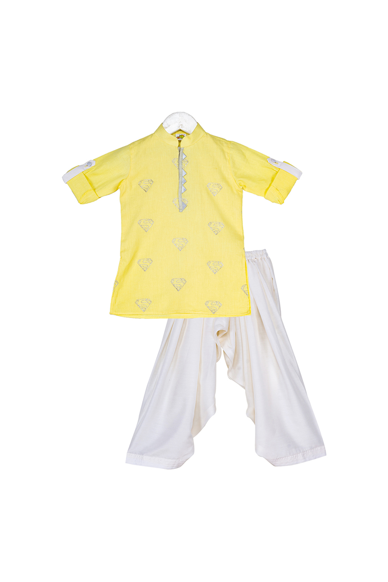 Yellow & Off-White Embroidered Kurta Set For Boys by Little Stars at Pernia's Pop Up Shop