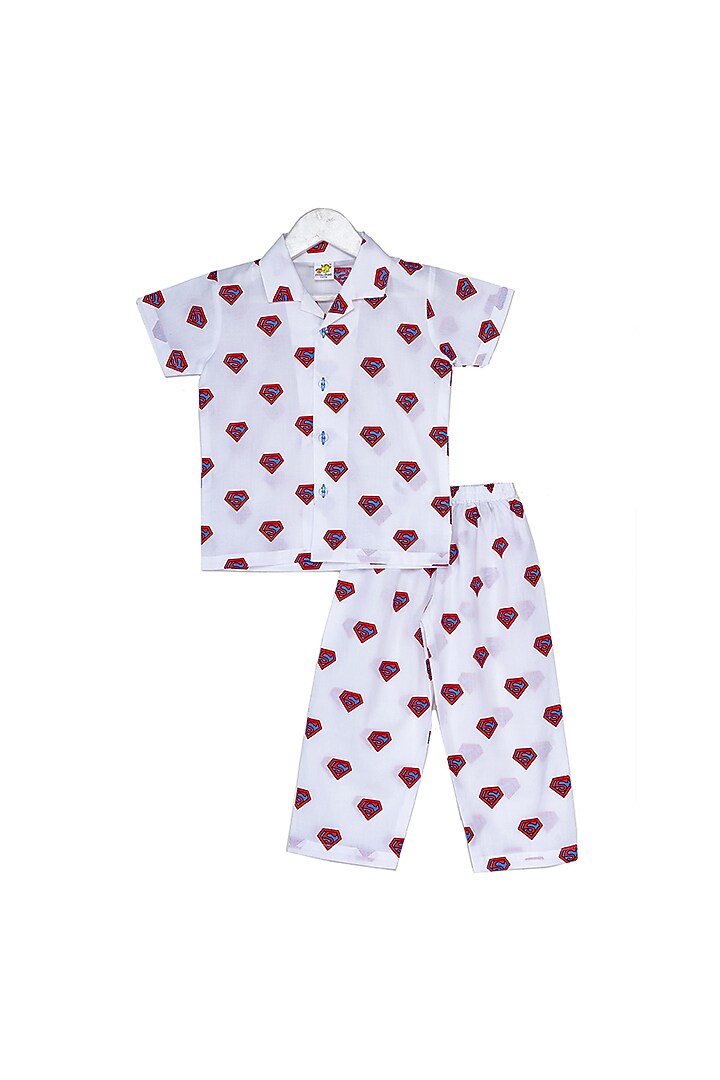 White Printed Nightsuit Set For Boys by Little Stars at Pernia's Pop Up Shop