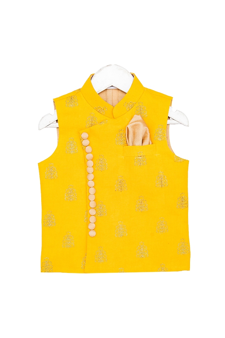 Mustard Aari Embroidered Nehru Jacket For Boys by Little Stars