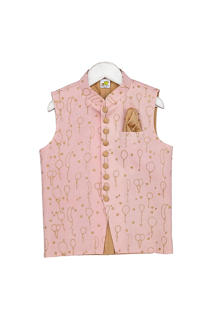 Peach Embroidered Cotton Nehru Jacket For Boys by Little Stars