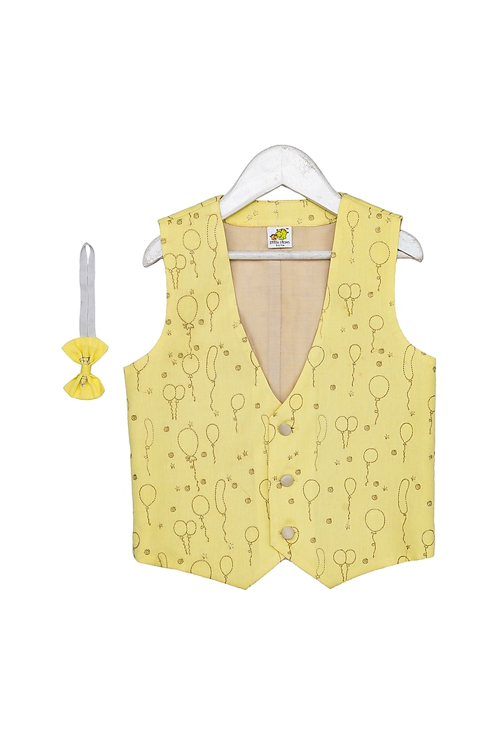 Lemon Yellow Embroidered Waistcoat With Bow For Boys by Little Stars