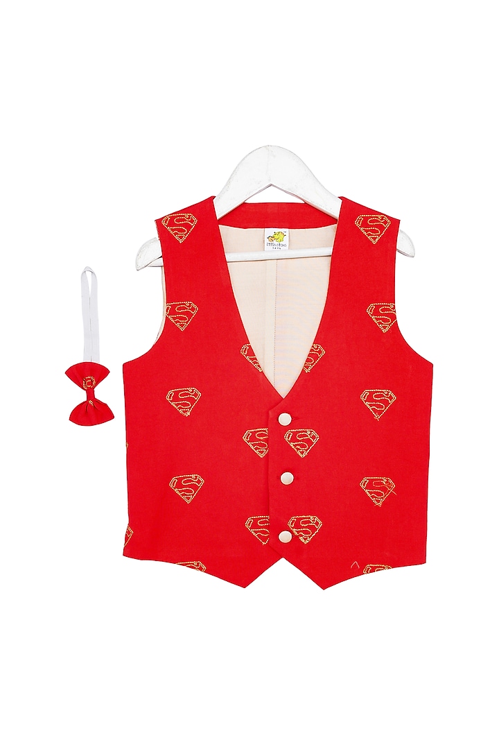 Red Embroidered Waistcoat With Bow For Boys by Little Stars