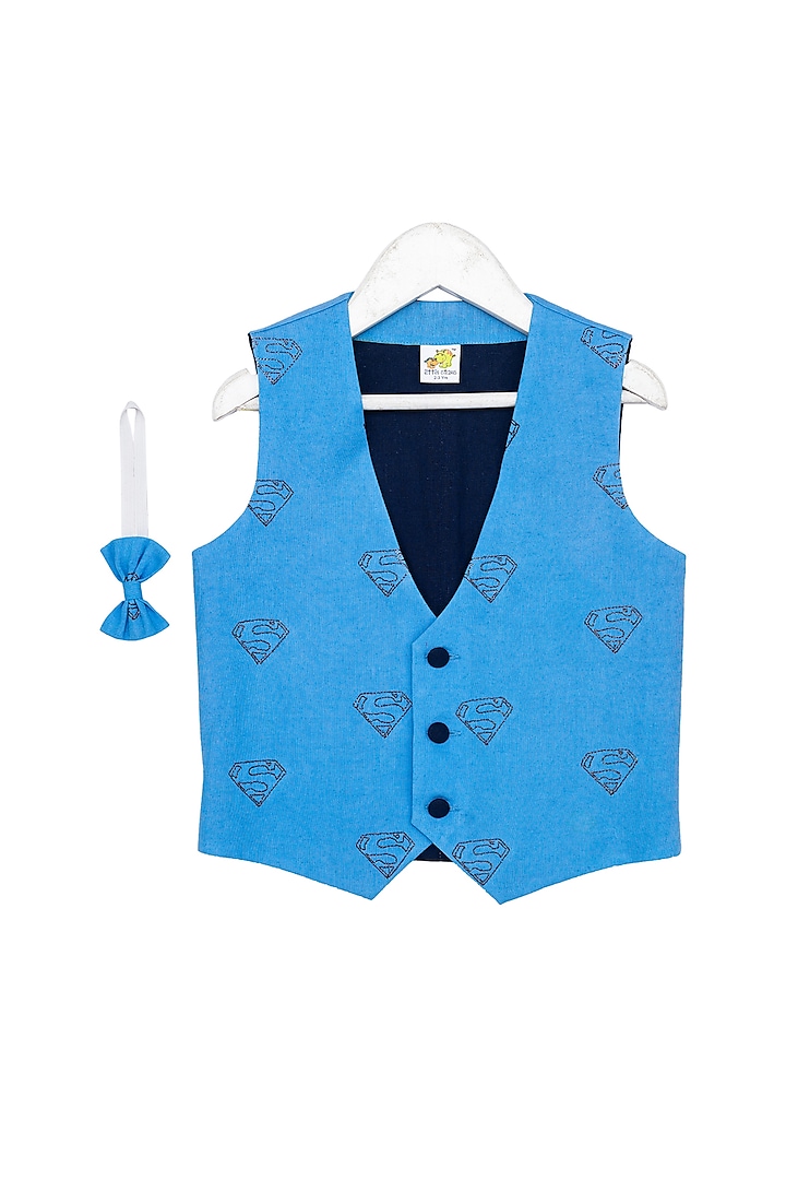 Lemon Yellow Embroidered Waistcoat With Detachable Bow For Boys by Little Stars