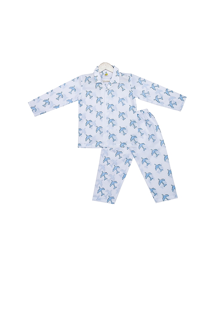 White Aeroplane Printed Night Suit For Boys by Little Stars