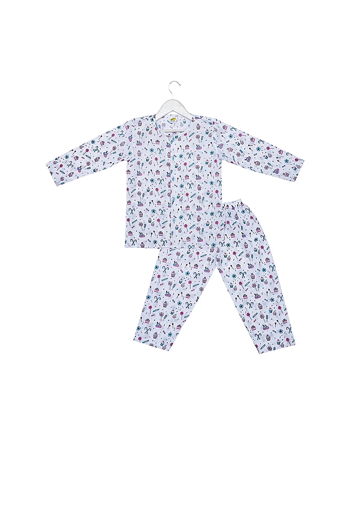 White Candy Printed Night Suit Set For Boys by Little Stars