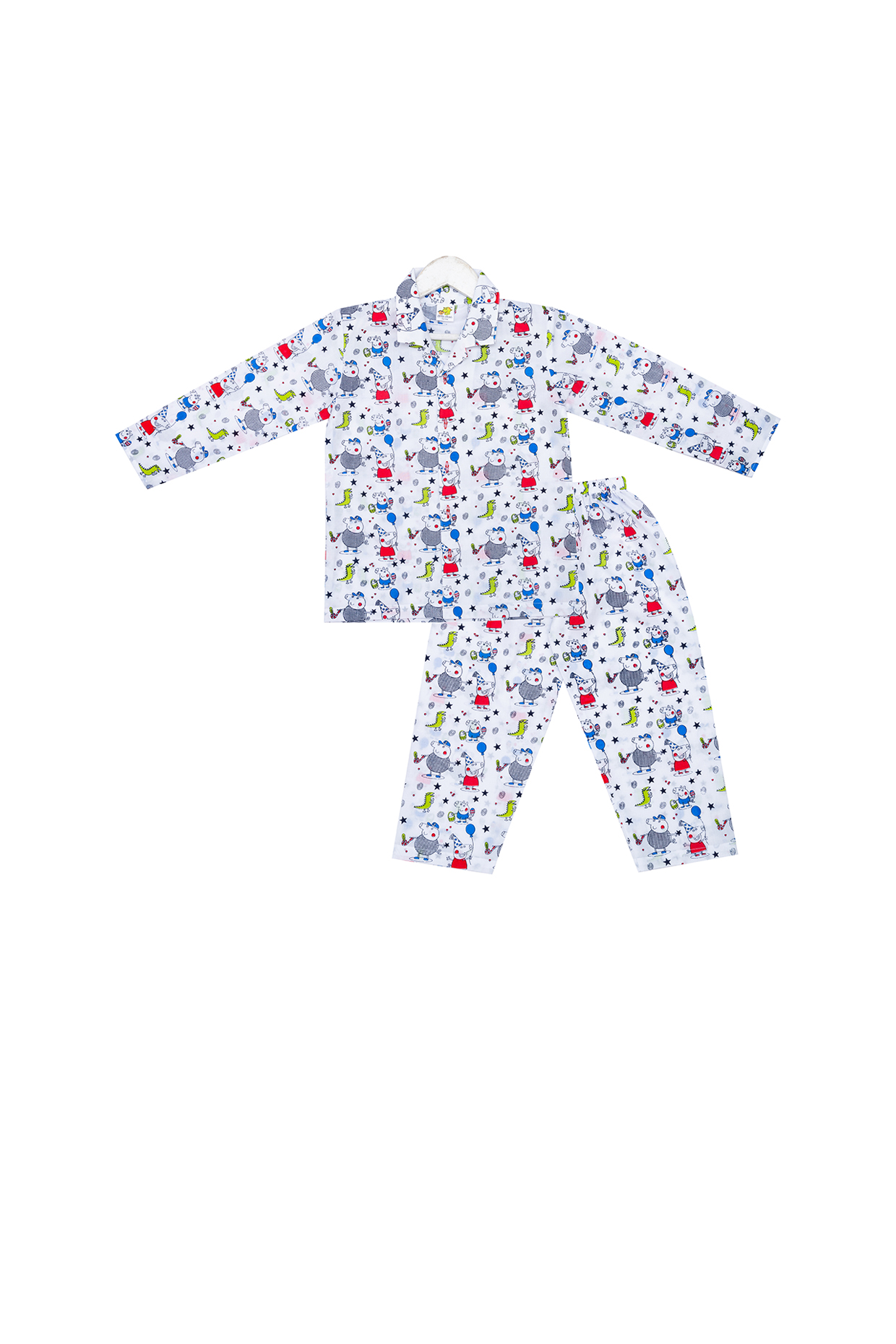 White Cartoon Printed Night Suit Set For Boys by Little Stars at Pernia's Pop Up Shop