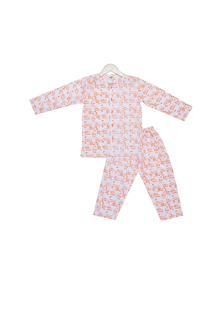White Forest Orange Printed Night Suit Set For Boys by Little Stars