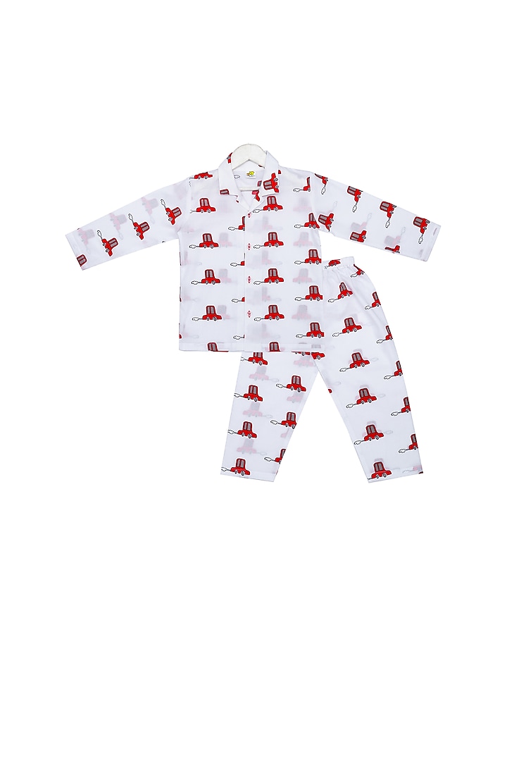 White Red Car Printed Night Suit Set For Boys by Little Stars