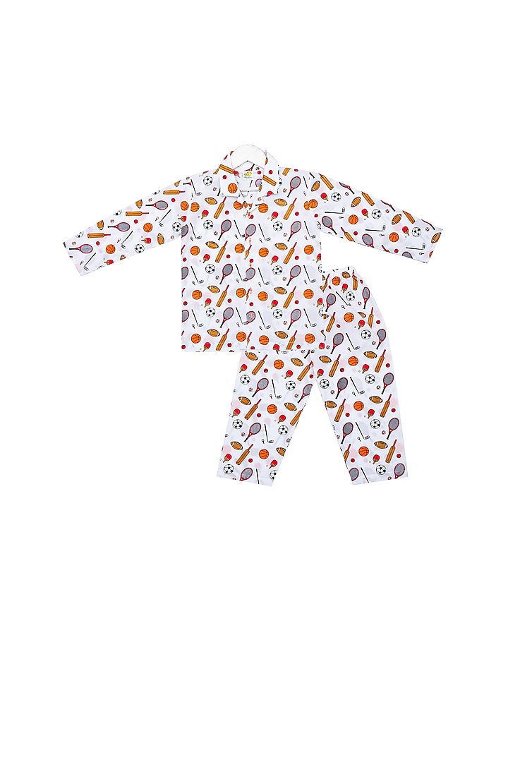 White Sports Printed Night Suit Set For Boys by Little Stars