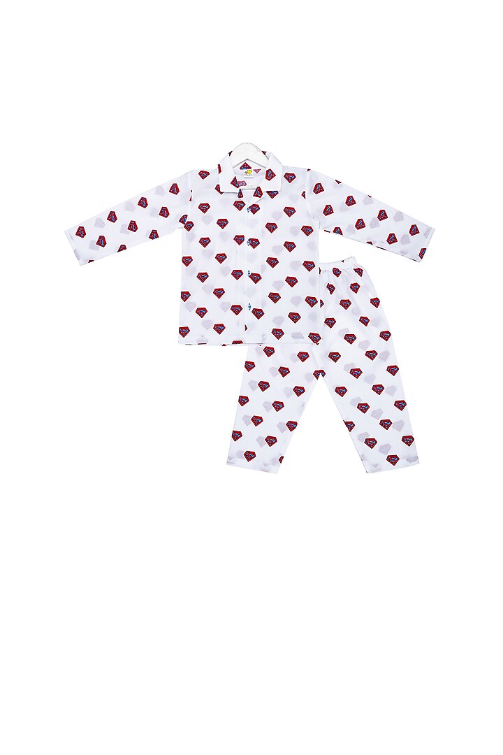 White & Blue Printed Night Suit Set For Boys by Little Stars