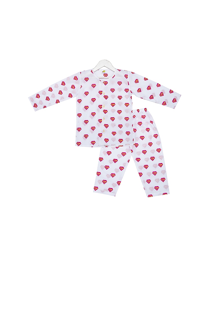 White Super Pink Printed Night Suit Set For Boys by Little Stars