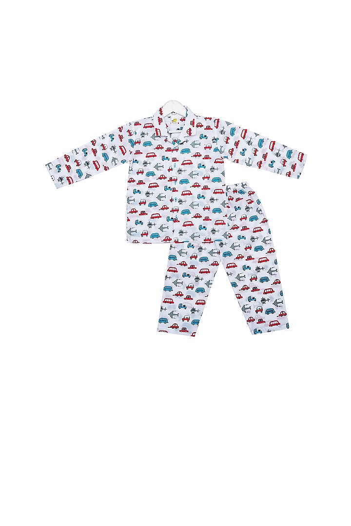 White Transport Printed Night Suit Set For Boys by Little Stars