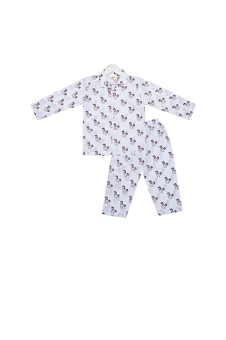 White Unicorn Printed Night Suit Set For Boys by Little Stars