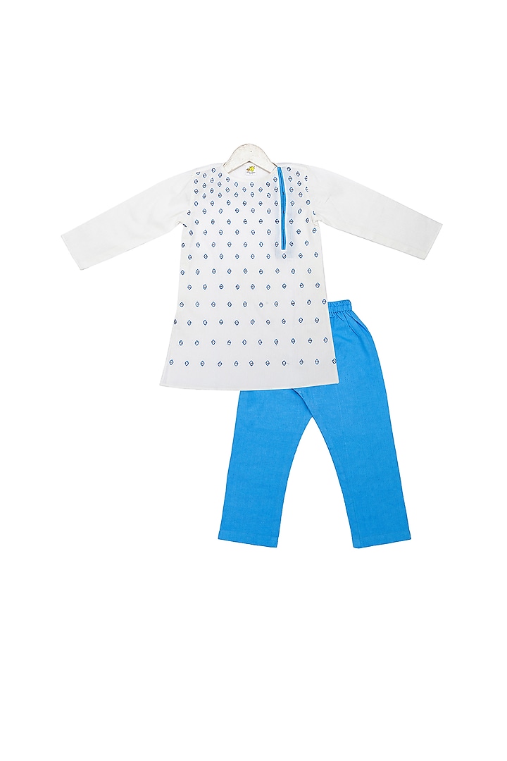 White & Blue Hand Embroidered Kurta Set For Boys by Little Stars