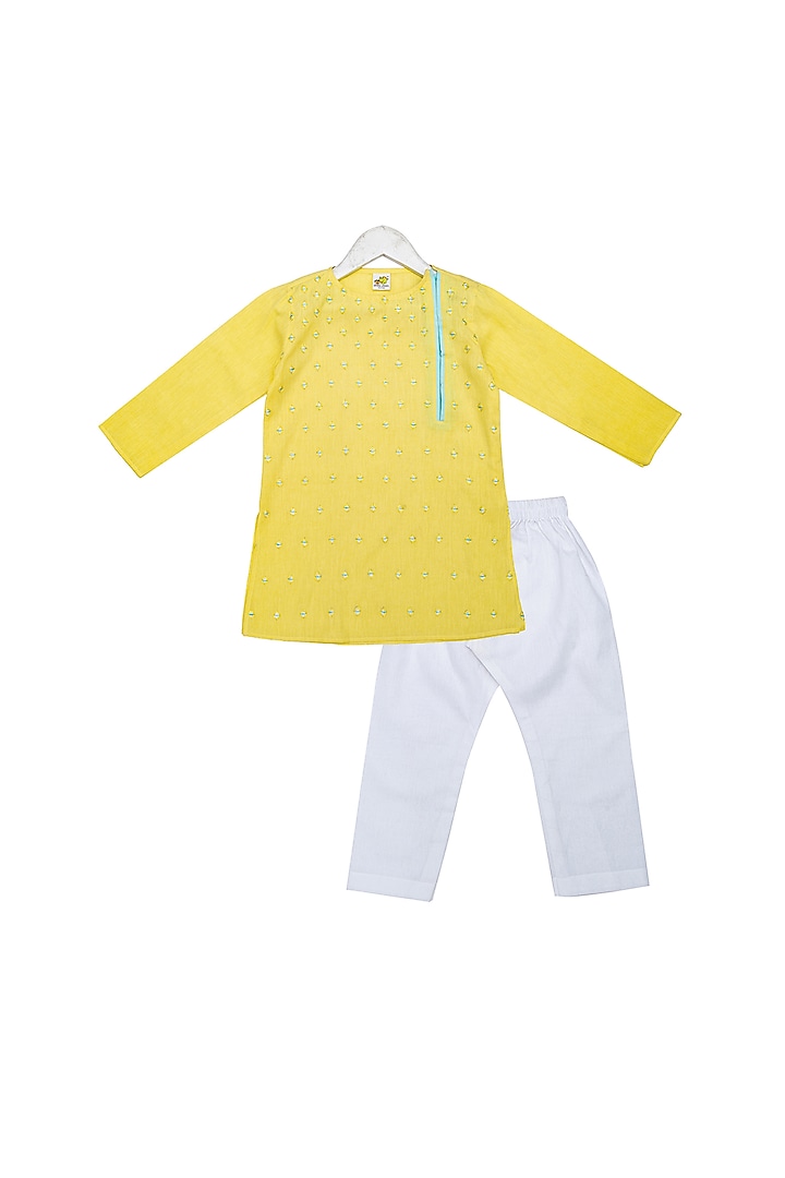Yellow Hand Embroidered Kurta Set For Boys by Little Stars