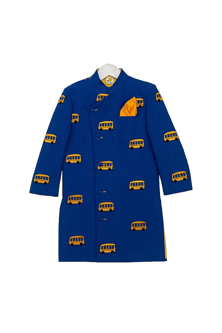 Navy Blue Embroidered Sherwani Set For Boys by Little Stars