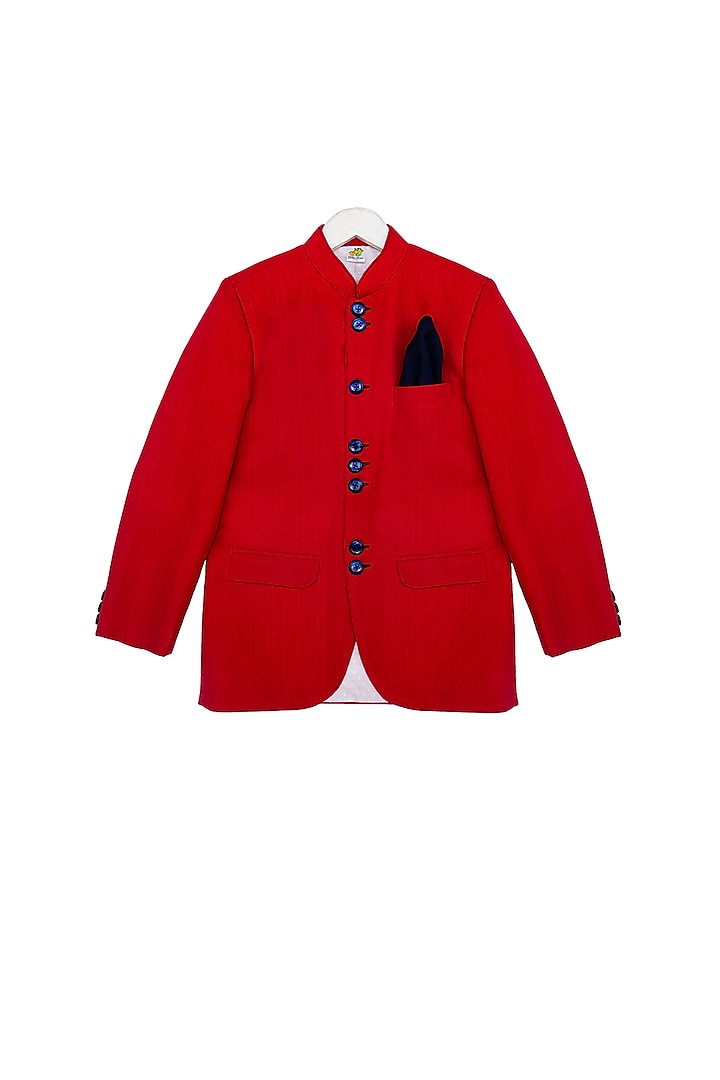 Tomato Red Bandhgala Jacket For Boys by Little Stars