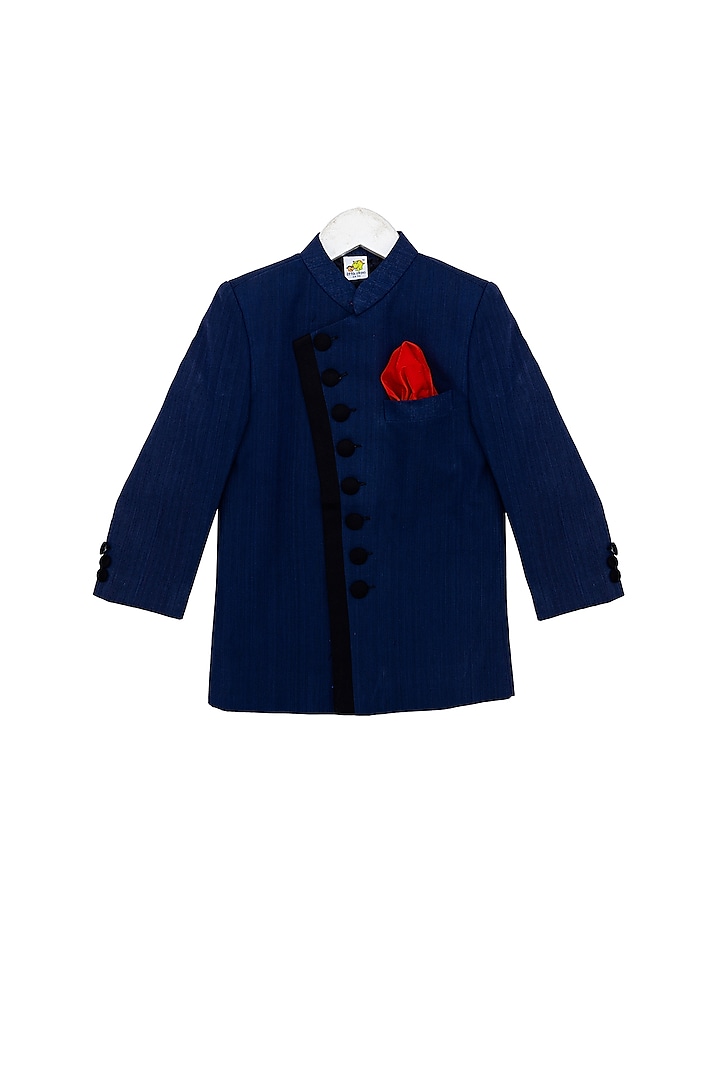 Royal Blue Striped Bandhgala Jacket For Boys by Little Stars