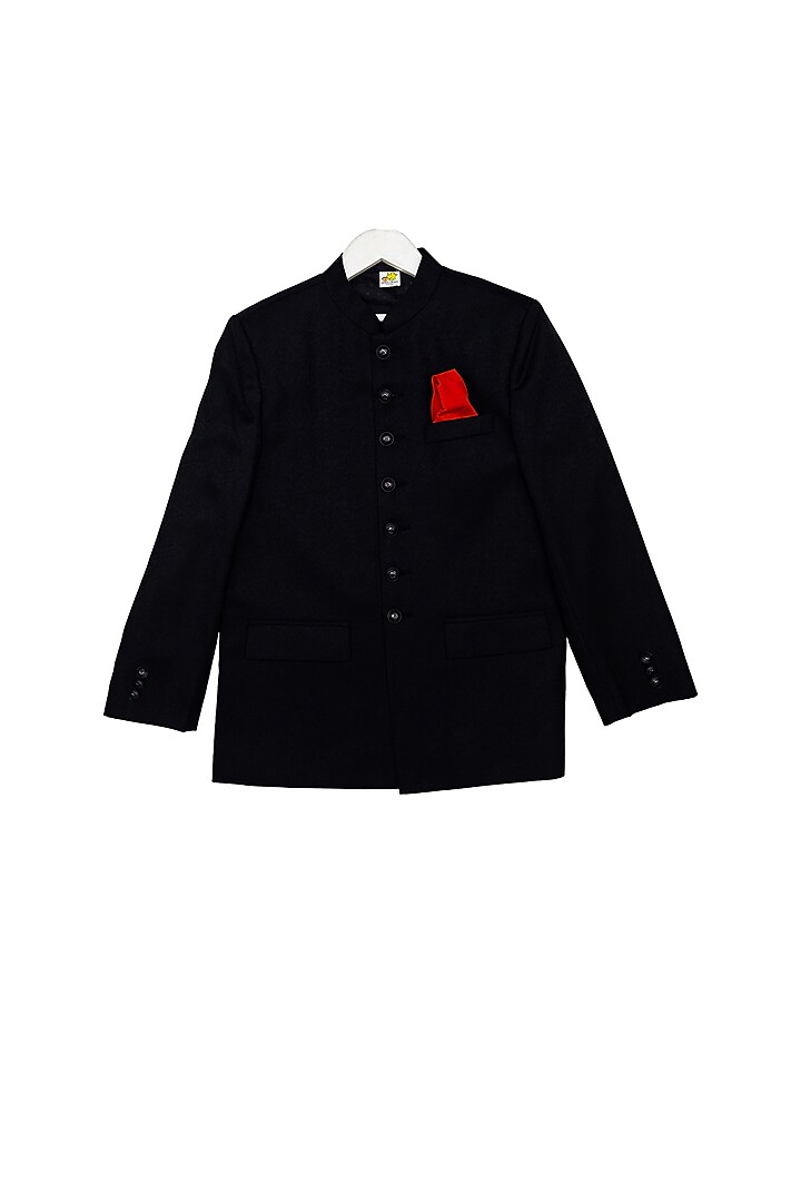 Black Bandhgala Jacket With Metal Buttons For Boys by Little Stars