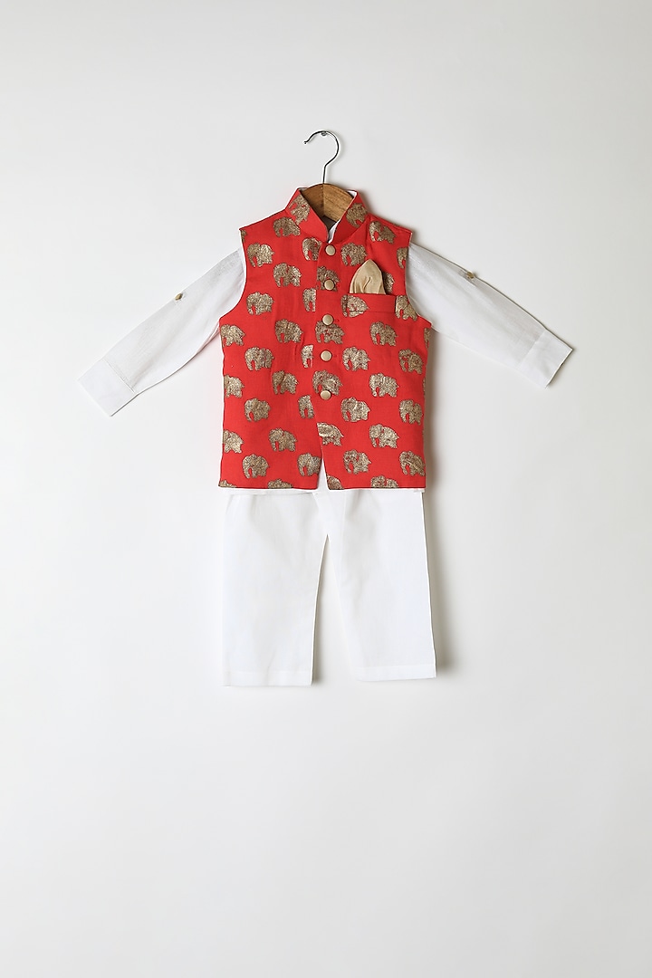 Red Printed Nehru Jacket Set For Boys by Little Stars