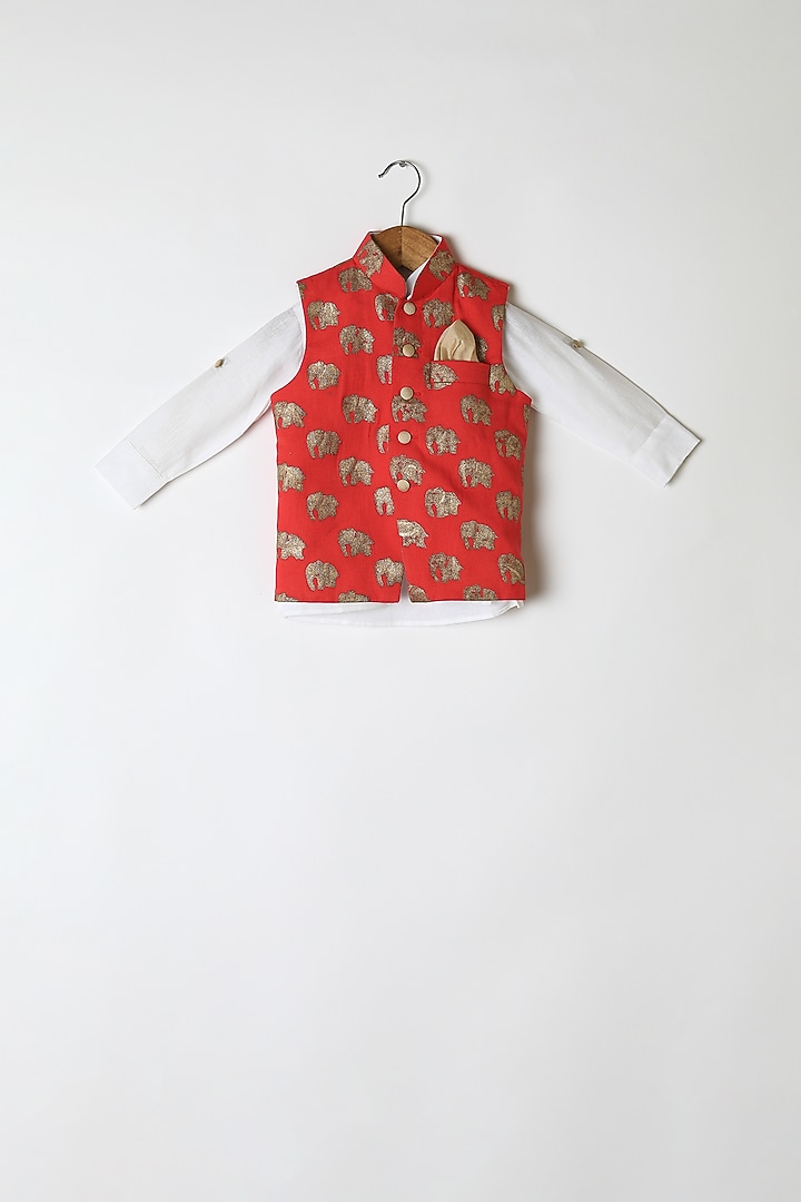 Red Printed Nehru Jacket Set For Boys by Little Stars at Pernia's Pop Up Shop