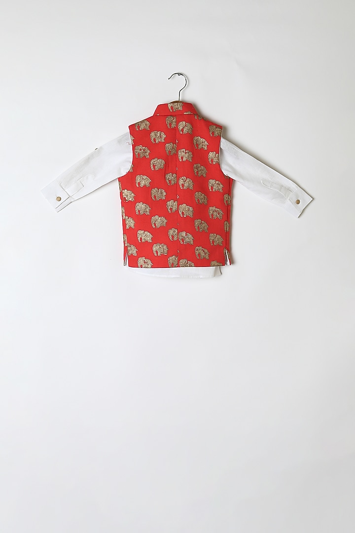 Red Printed Nehru Jacket Set For Boys by Little Stars at Pernia's Pop Up Shop