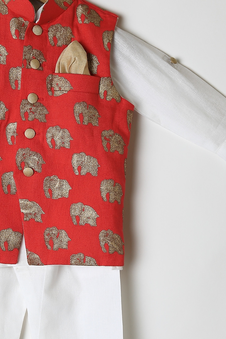 Red Printed Nehru Jacket Set For Boys by Little Stars at Pernia's Pop Up Shop