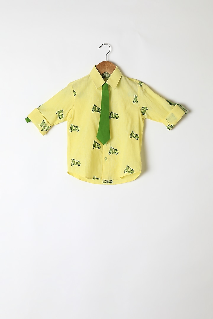 Yellow Embroidered Shirt With Tie For Boys by Little Stars
