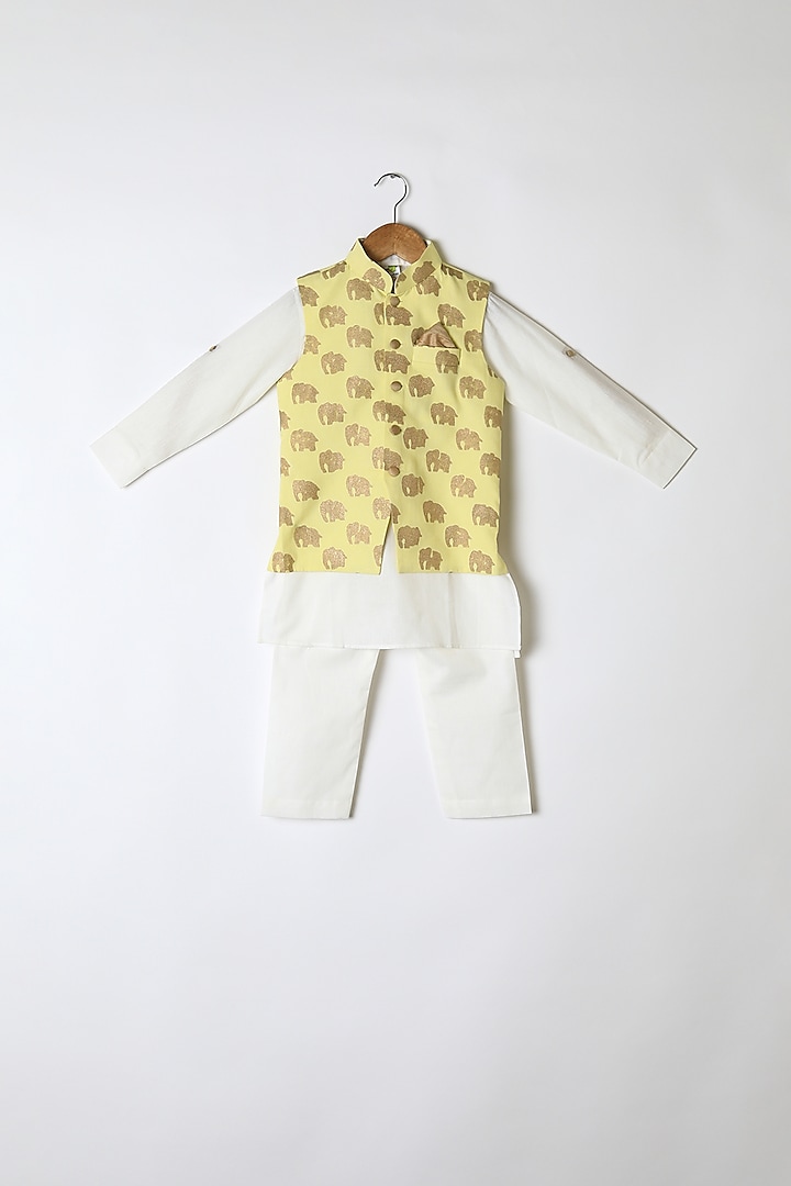 Lemon Yellow Printed Nehru Jacket Set For Boys by Little Stars