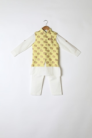 Lemon Yellow Printed Nehru Jacket Set For Boys by Little Stars