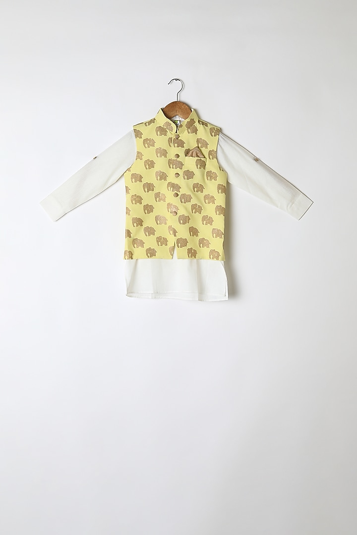 Lemon Yellow Printed Nehru Jacket Set For Boys by Little Stars at Pernia's Pop Up Shop