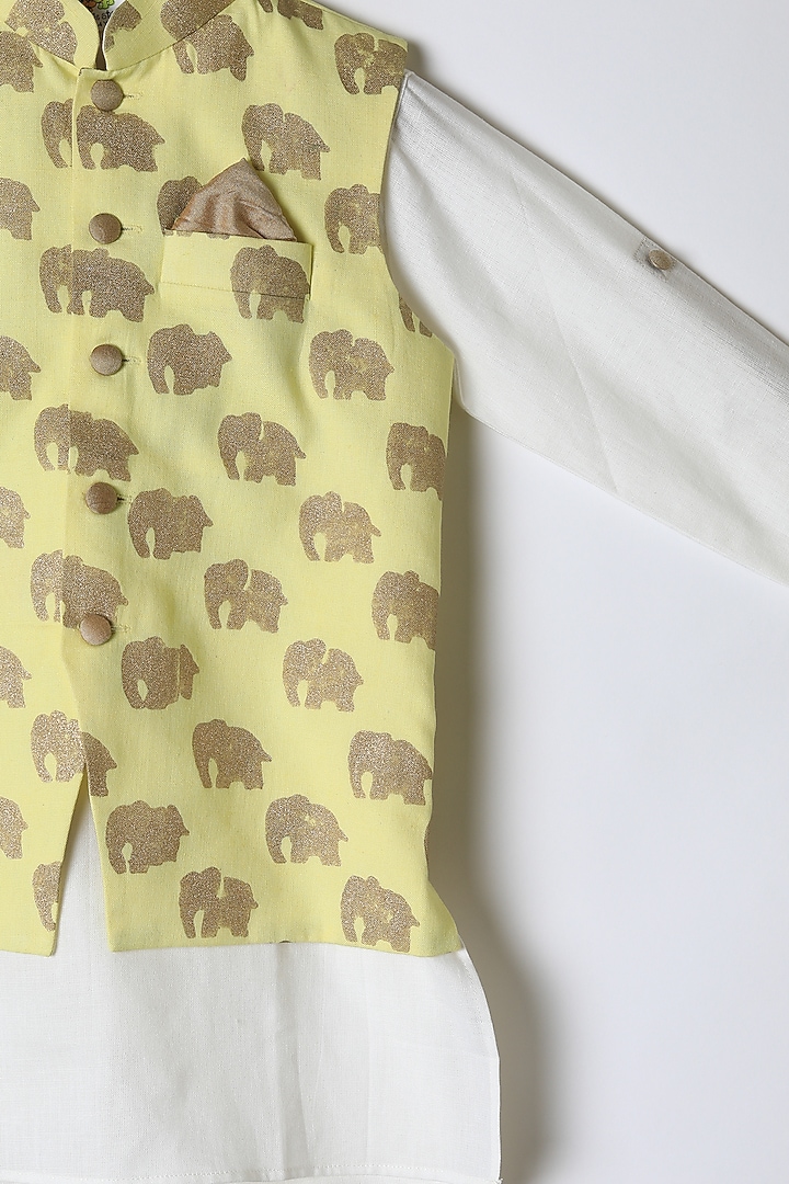 Lemon Yellow Printed Nehru Jacket Set For Boys by Little Stars at Pernia's Pop Up Shop