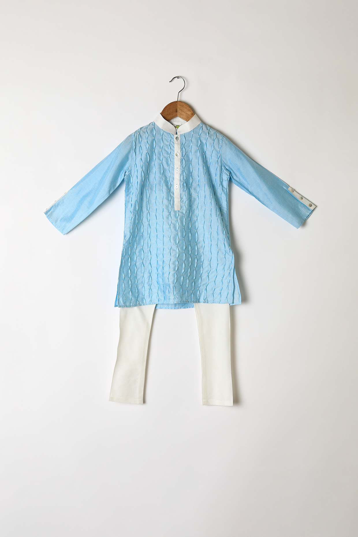Sky Blue Embroidered Kurta Set For Boys by Little Stars at Pernia's Pop Up Shop