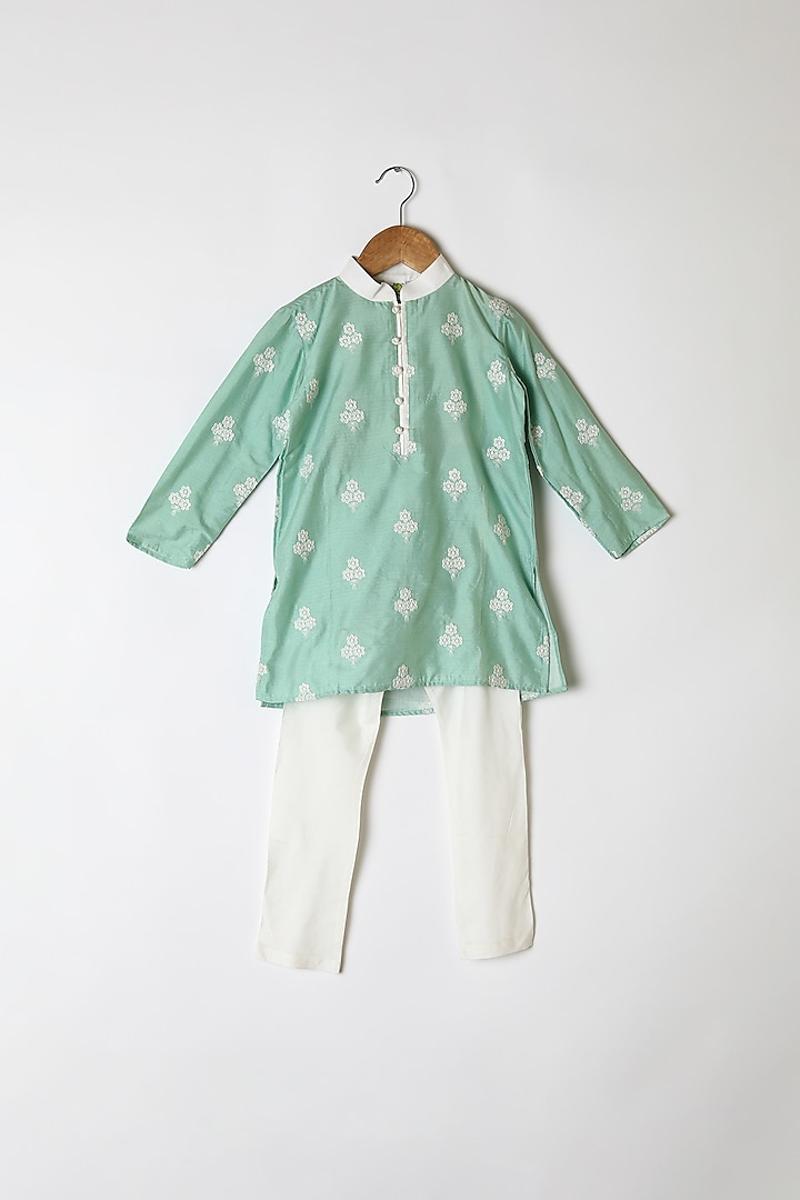 Mint Green Floral Embroidered Kurta Set by Little Stars
