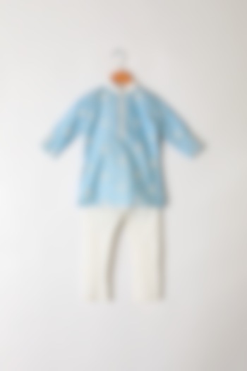 Powder Blue Floral Embroidered Kurta Set For Boys by Little Stars