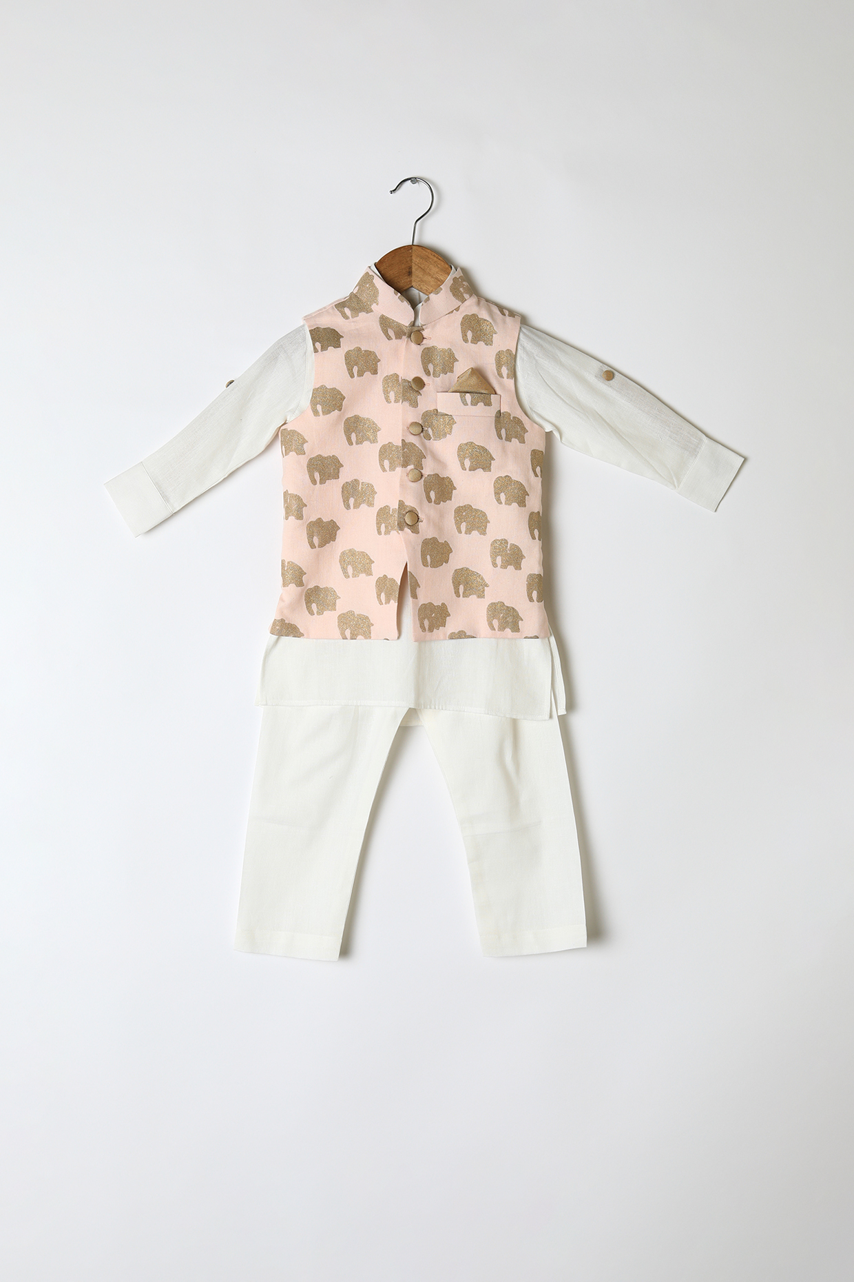 Pink Printed Nehru Jacket Set For Boys by Little Stars at Pernia's Pop Up Shop