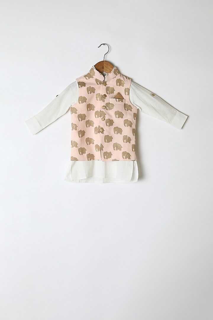 Pink Printed Nehru Jacket Set For Boys by Little Stars at Pernia's Pop Up Shop