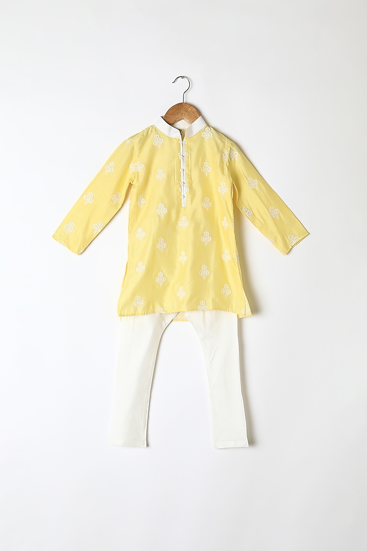 Yellow Floral Embroidered Kurta Set For Boys by Little Stars