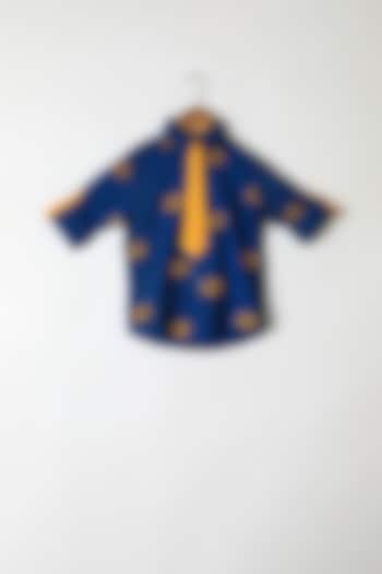 Blue Bus Embroidered Shirt With Tie For Boys by Little Stars