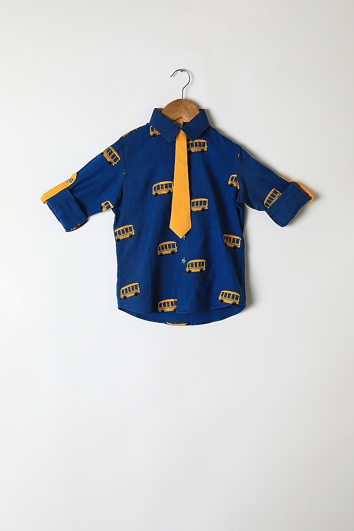 Blue Bus Embroidered Shirt With Tie For Boys by Little Stars
