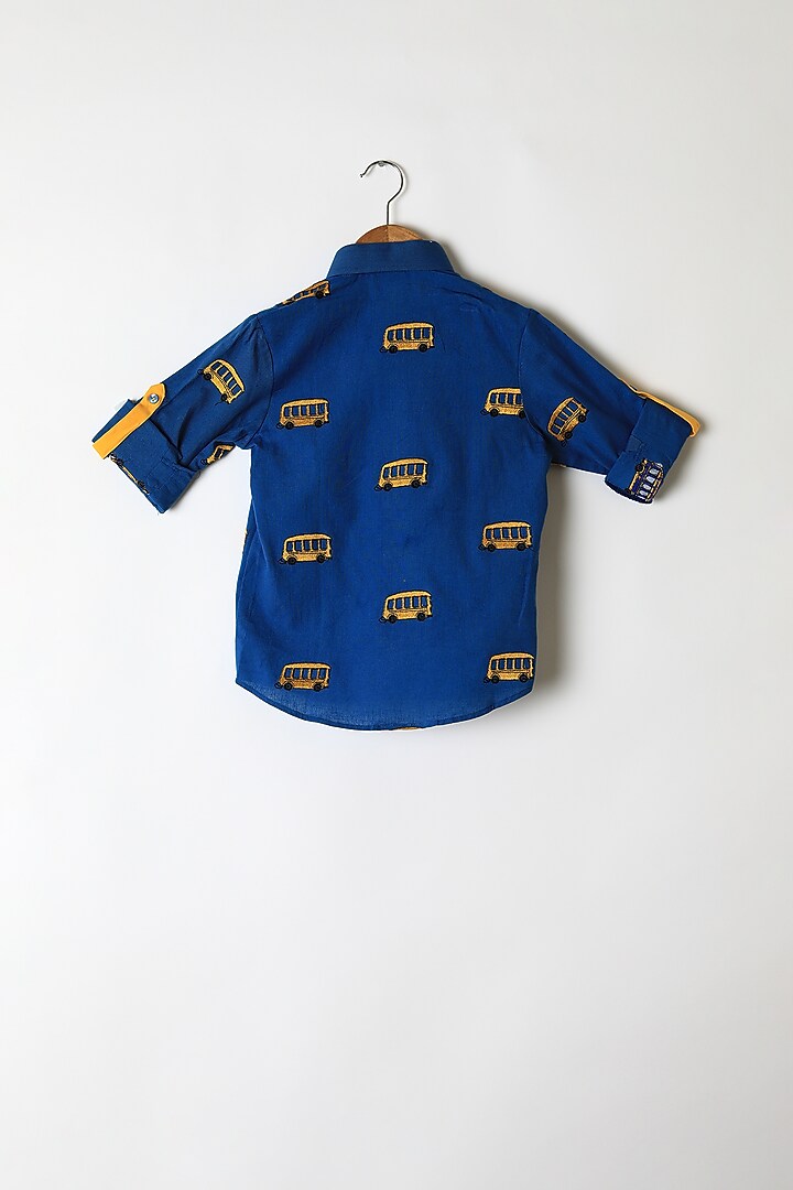 Blue Bus Embroidered Shirt With Tie For Boys by Little Stars at Pernia's Pop Up Shop
