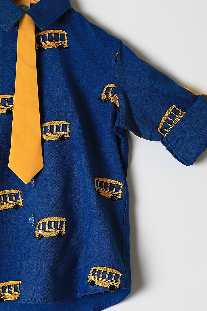 Blue Bus Embroidered Shirt With Tie For Boys by Little Stars at Pernia's Pop Up Shop