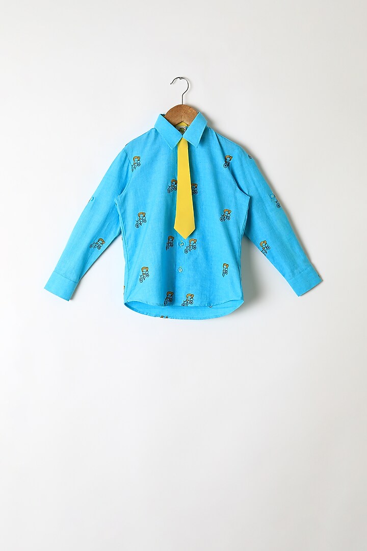 Sky Blue Embroidered Shirt With Tie For Boys by Little Stars