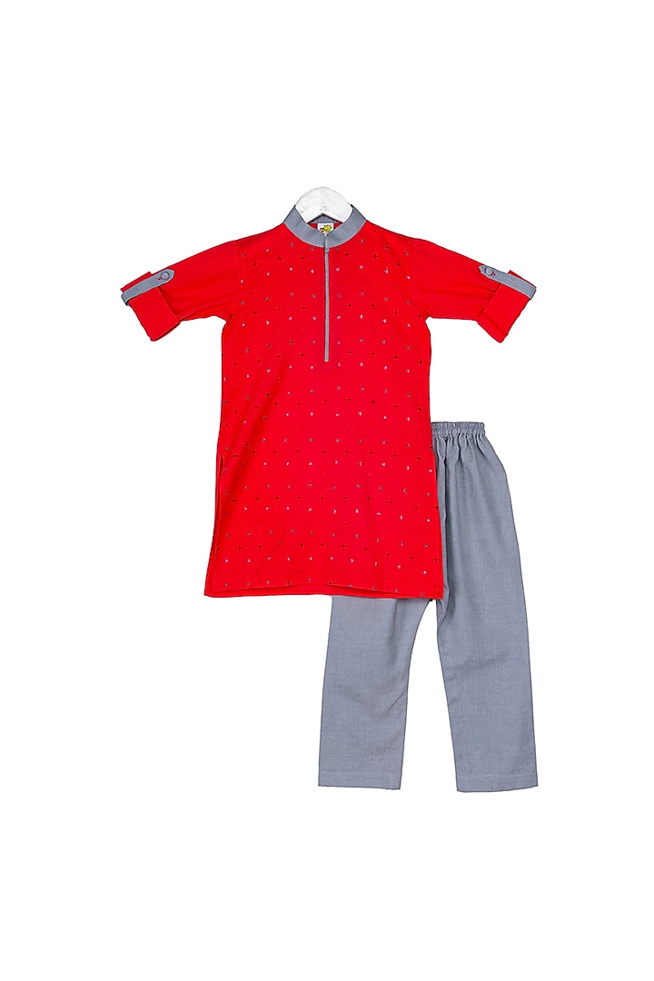 Red Embroidered Kurta Set For Boys by Little Stars